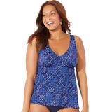 Plus Size Women's V-Neck Flowy Tankini Top by Swimsuits For All in Blue Scarf (Size 8)