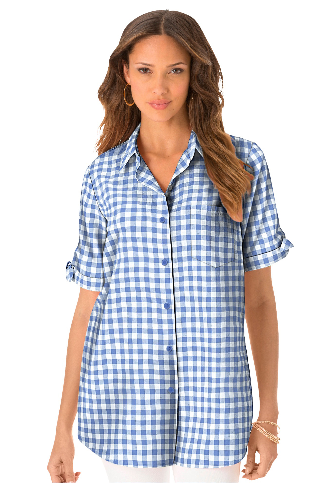 Plus Size Women's French Check Shirt by Roaman's in French Blue Check (Size 22 W)