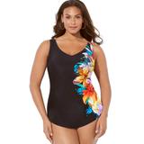 Plus Size Women's Sarong Front One Piece Swimsuit by Swimsuits For All in Multi Flower Engineered (Size 28)