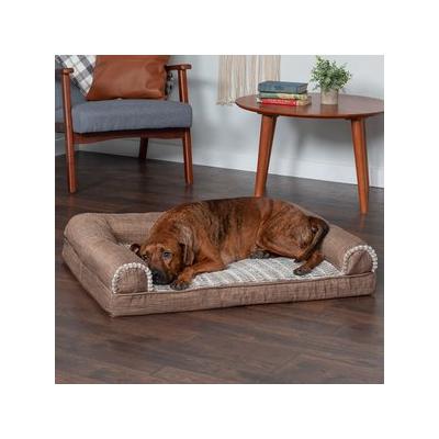 FurHaven Luxe Fur & Performance Linen Memory Top Sofa Cat & Dog Bed w/Removable Cover, Woodsmoke, Large