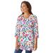 Plus Size Women's Perfect Printed Three-Quarter-Sleeve V-Neck Tunic by Woman Within in White Painterly Bloom (Size 42/44)