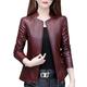 VALIN Women's Burgundy Faux Leather Casual Jacket Short Fitted Zipper Jacket Stand Collar Spring and Autumn Coat,P705,5XL