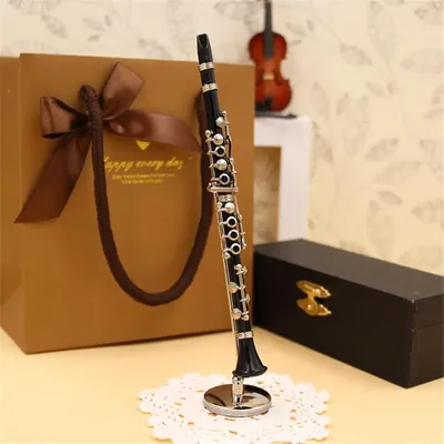 Mini Clarinette Modèle Musical Affichage Miniature de Bureau Support de Boîte en Cuir Noir Cadeau