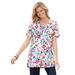 Plus Size Women's Perfect Printed Short-Sleeve Shirred V-Neck Tunic by Woman Within in White Painterly Bloom (Size 4X)