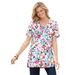 Plus Size Women's Perfect Printed Short-Sleeve Shirred V-Neck Tunic by Woman Within in White Painterly Bloom (Size 5X)