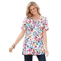 Plus Size Women's Perfect Printed Short-Sleeve Shirred V-Neck Tunic by Woman Within in White Painterly Bloom (Size L)