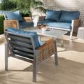 Baxton Studio Nicholson Modern Blue Fabric & Grey Finished Metal /w Brown Finished PE Rattan 4-PC Outdoor Patio Lounge Set - Wholesale Interiors MLM-210477-Blue