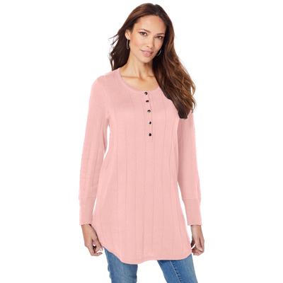 Plus Size Women's Fine Gauge Drop Needle Henley Sweater by Roaman's in Soft Blush (Size 1X)