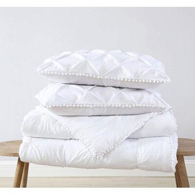 Chezmoi Collection Natalia Pom Pom Fringe Pinch Pleat Comforter Set Polyester/Polyfill/Microfiber in White | King Comforter + 2 King Shams | Wayfair