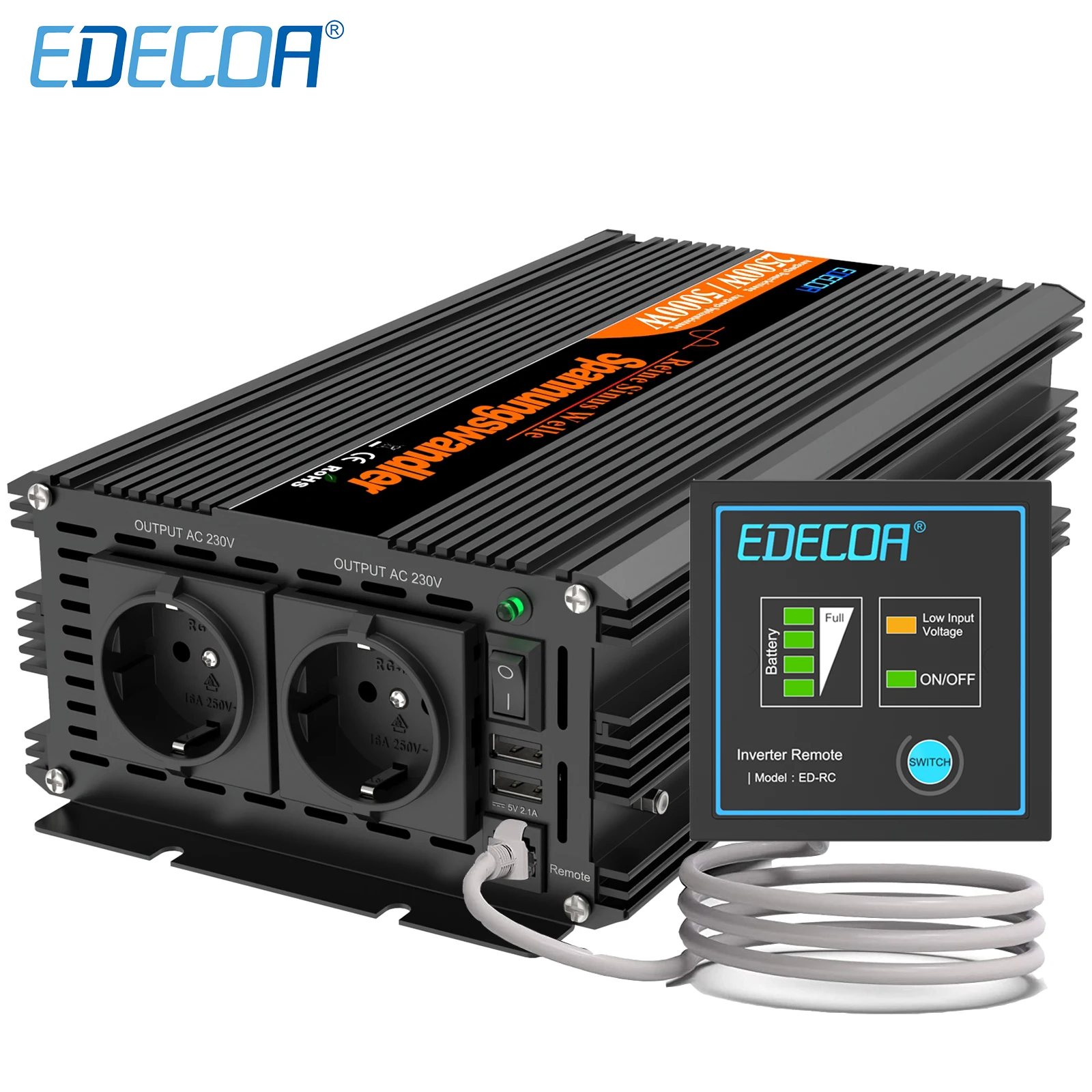 convertisseur 12v 220v 2500W EDECOA – onduleur à onde sinusoïdale Pure 2500 W, convertisseur de puissance hors réseau, cc 12V 24V à AC 220v 230v 2500 Watt, 12v 220v,onduleur 24v 220v