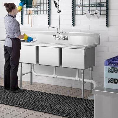 Regency 72 1/2" 16 Gauge Stainless Steel Three Compartment Commercial Sink with Stainless Steel Legs, Cross Bracing, and 1 Drainboard - 16" x 20" x 12" Bowls - Left Drainboard
