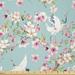 East Urban Home Flowers Fabric By The Yard, Watercolor Art Style Flying Crane Birds Pink Sakura Cherry Blossoms Exotic in White | 36 W in | Wayfair