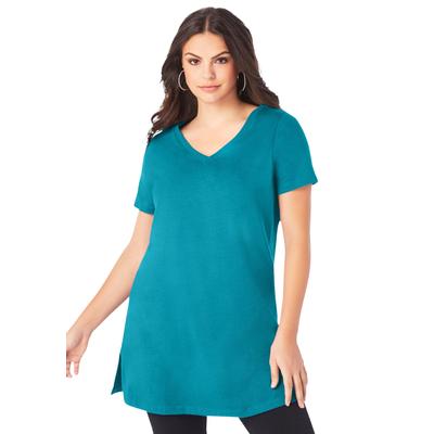 Plus Size Women's Short-Sleeve V-Neck Ultimate Tunic by Roaman's in Deep Turquoise (Size 6X) Long T-Shirt Tee