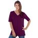 Plus Size Women's V-Neck Ultimate Tee by Roaman's in Dark Berry (Size L) 100% Cotton T-Shirt