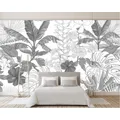 Papier peint 3D tropical sur mesure noir et blanc feuilles de bananier arbre moderne fond de