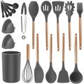 Silicone Cooking Utensils Set - 19 Pcs Kitchen Utensils Heat Resistant/Non-stick/Non Toxic/BPA Free Silicon Spoons Spatula Whisk Tongs Mixing Spoon,Wooden Handle Kitchen Utensil Set with Holder