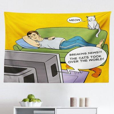 East Urban Home Ambesonne Vintage Tapestry, Man Lying On Couch Watching TV Cats Take Over World Comic Book Pop Art Illustration in Gray/Black/Yellow