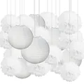 Pompons en papier de soie blanc et lanterne chinoise en papier lampion pour décoration de mariage