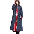 LZJN Women's Quilted Long Coat Lightweight Jacket Chinese Style Tang Suit with Pockets (1499 Navy Blue, L)