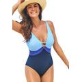 Plus Size Women's Colorblock V-Neck One Piece Swimsuit by Swimsuits For All in Deep Sea (Size 20)