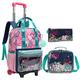 Wenlia Rolling Backpack, Pencil Case, Shoulder Bag 3 in 1 Student Bookbag, Sequin letters Trolley bag Dinosaur School Bag High Capacity Luggage Case for Girls Youth Student Gift