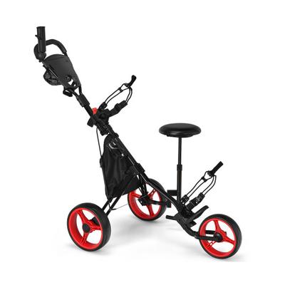 Costway 3 Wheels Folding Golf Push Cart with Seat Scoreboard and Adjustable Handle-Red