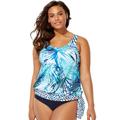 Plus Size Women's Side Tie Blouson Tankini Top by Swimsuits For All in Blue Palm (Size 24)