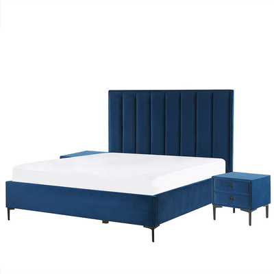 Bett mit 2 Nachttischen Marineblau Samtstoff Gesteppt mit Hohem Kopfteil Bettkasten Lattenrost 140x200cm Hochklappbar Sc