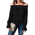 XYJD Spring and Summer Women's Round Neck Long-Sleeved Loose Lace One-Shoulder Long-Sleeved Solid Color Blouse Pullover T-Shirt Women Black