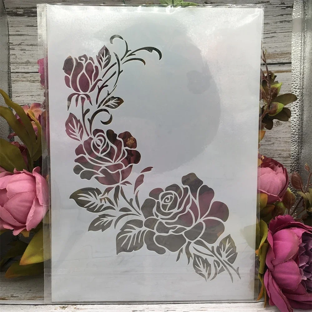 A4 une branche de fleur de Rose, bricolage, pochoirs de couches, peinture murale, Scrapbook, coloration, gaufrage, modèle décoratif d'album, 29cm