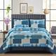 Patchwork Quilt Bedspreads King Size Bedding - 3Piece Box Pattern Thick Cotton Filling Decorative Stitch Blanket Bed Throw With 2 Matching Pillow Cover Set - Denim Blue