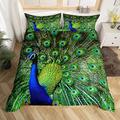 Loussiesd Peacock Duvet Cover King Bedding &Linen Green Cute Animal Bedding Set Peacock Feather Decor Comforter Cover Set with Zipper Ties Adult Women Soft Bed Cover,1 Duvet Cover with 2 Pillow Cases