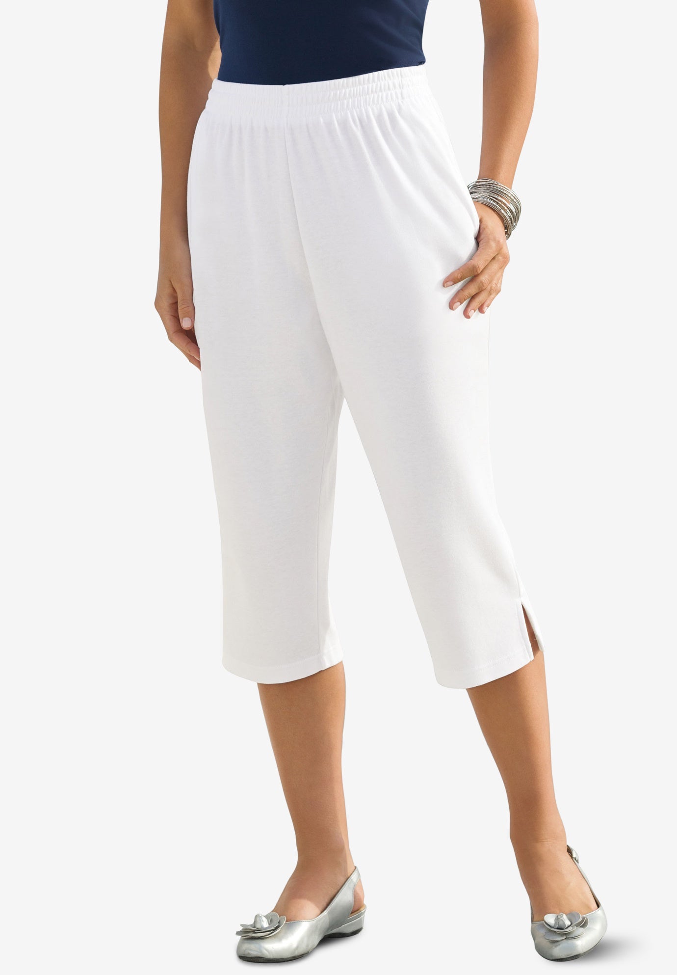 Plus Size Women's Plus Size Soft Knit Pull-On Capri Pant by Roaman's in White (Size 1X)