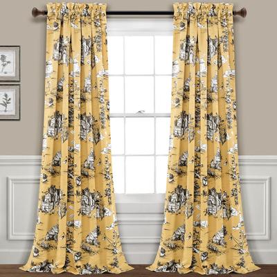 French Country Toile Room Darkening Window Curtain Panels Yellow/Gray 52X84+2 Set - Half Moon 16T005417