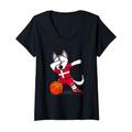 Damen Dabbing Husky Hund Dänemark Basketball Mannschaft Flagge T-Shirt mit V-Ausschnitt