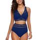 Roskiky Women's Two Pieces V-Neck Crochet Bikini Set High Waist Swimwear Blue Size S