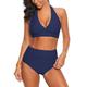 Roskiky Women's Halter Tie Knot Swimsuit Bikini Set High Waist Ruched Tankini Bottom Navy Size M