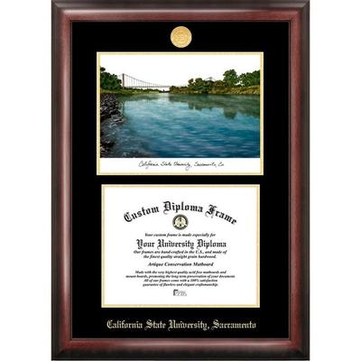 California State Sacramento University 11w x 8.5h Gold Embossed Diploma Frame with Campus Images Lithograph