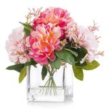 Enova Home Artificial Silk Dahlia Fake Flowers Arrangement in Clear Glass Vase with Faux Water for Home Wedding Decoration - N/A