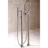 Dual Post Floor Mount Satin Nickel Tub Filler with Hand Shower