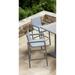 Armen Living Marina Outdoor Patio Barstool in Grey Powder Coated Finish with Grey Sling Textilene and Grey Wood Accent Arms