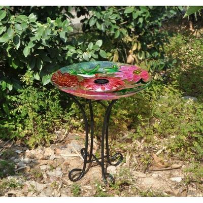 Solar Floral Glass Hummingbird Bath With Stand