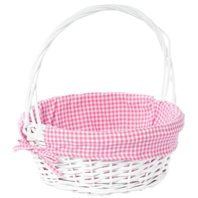 White Round Willow Gift Basket, with Gingham Liner and Handle