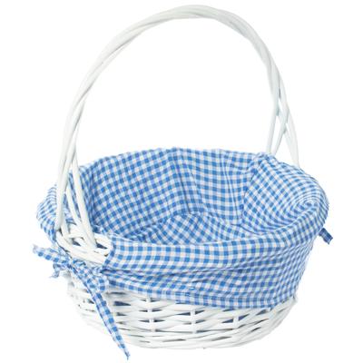 White Round Willow Gift Basket, with Gingham Liner and Handle