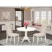 East West Furniture 3 Piece Dining Furniture Set- a Dining Table with Pedestal and 2 Linen Fabric Chair(Finish Options)