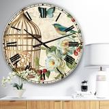 Designart 'Blue Cottage Bird, Birdcage and Apple Blossoms I' Floral and botanical Large Wall CLock