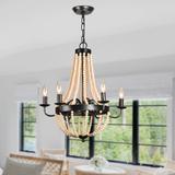 CurveCurio Antique Rustic 6-Light Wood Beaded Chandelier Wood Candle Shape Chandelier with Beaded Chains