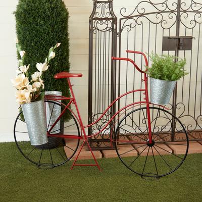 Red Metal Indoor Outdoor Bike Indoor Outdoor Plantstand with Silver Basket and Saddle Bag Planters