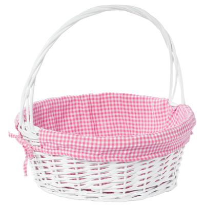 White Round Willow Gift Basket, with Gingham Liner and Handle