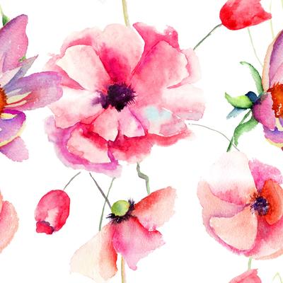 Watercolor Poppy Flowers Removable Wallpaper - 24'' inch x 10'ft